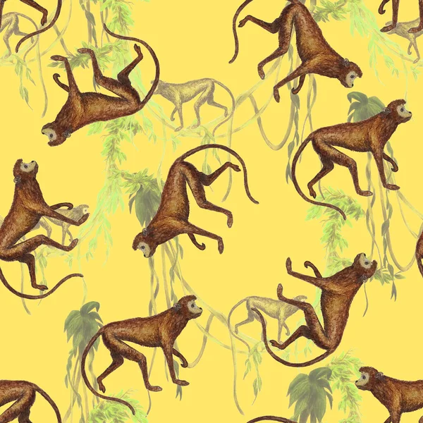 Творчий Безшовний Візерунок Мавпами Тропічному Лісі Яскравий Літній Принт Тварин — стокове фото