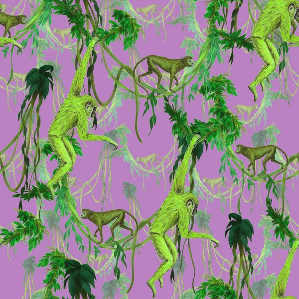 Creative Seamless Pattern Monkeys Tropical Forest Bright Summer Animal Print — Stock Photo, Image