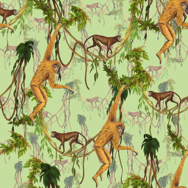 Δημιουργική Αδιάλειπτη Μοτίβο Πιθήκους Στο Τροπικό Δάσος Λαμπερό Καλοκαιρινό Animal — Φωτογραφία Αρχείου