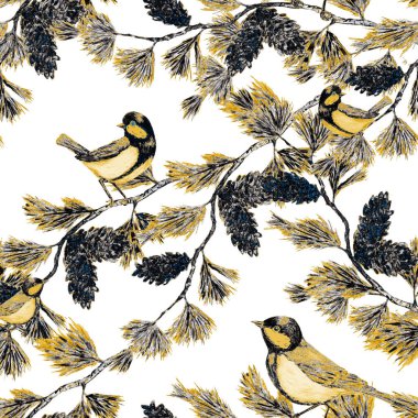 Orman kuşlarıyla dekoratif dikiş desenleri. Oturan erkek memeler. Herhangi bir amaç için parlak altın hayvan izi. El çizimi.
