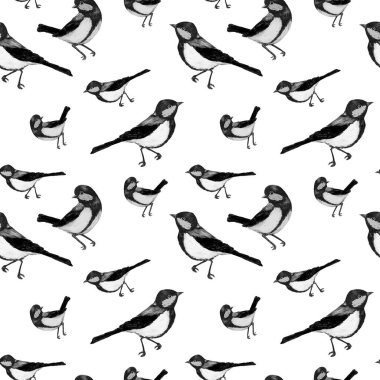 Orman kuşlarıyla dekoratif dikiş desenleri. Oturan toynaklar. Ne amaçla olursa olsun tek renkli hayvan baskısı. El çizimi.