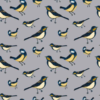 Orman kuşlarıyla dekoratif dikiş desenleri. Oturan erkek memeler. Herhangi bir amaç için parlak altın hayvan izi. El çizimi.