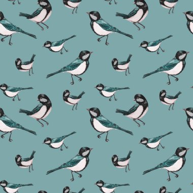 Orman kuşlarıyla dekoratif dikiş desenleri. Oturan erkek memeler. Herhangi bir amaç için renkli hayvan baskısı. El çizimi.