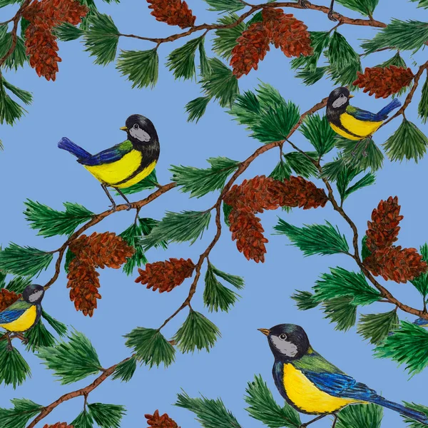 装飾的な船員は 森林の鳥とパターン おっぱいを座って あらゆる目的のためのカラフルな動物のプリント 手描き — ストック写真