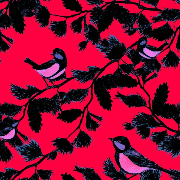 Padrão Mariscos Decorativos Com Pássaros Floresta Tumbas Sentadas Impressão Animal — Fotografia de Stock