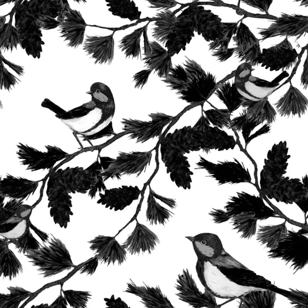 Padrão Mariscos Decorativos Com Pássaros Floresta Tomtits Monochrome Animal Print — Fotografia de Stock