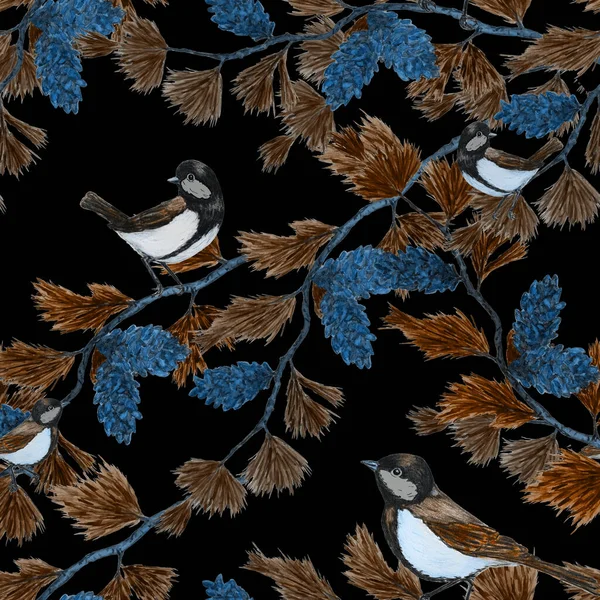 Decorative Seamlees Pattern Forest Birds Black Sitting Tomtits Bright Animal — Stock Photo, Image