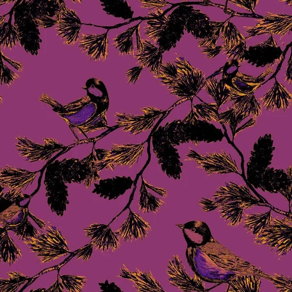 Декоративный Рисунок Швов Лесными Птицами Сидеть Завтра Красочная Животная Печать — стоковое фото