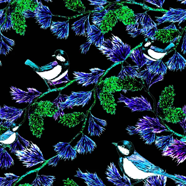 Decorative Seamlees Pattern Forest Birds Black Sitting Tomtits Bright Animal — Stock Photo, Image