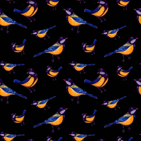 Padrão Mariscos Decorativos Com Pássaros Florestais Preto Tumbas Sentadas Impressão — Fotografia de Stock