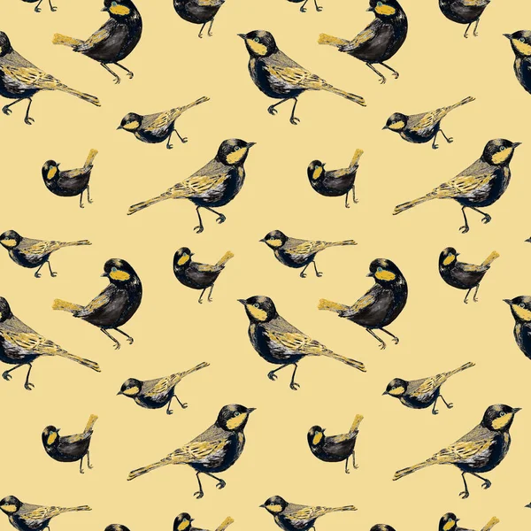 Декоративный Рисунок Швов Лесными Птицами Сидеть Завтра Яркий Золотой Отпечаток — стоковое фото