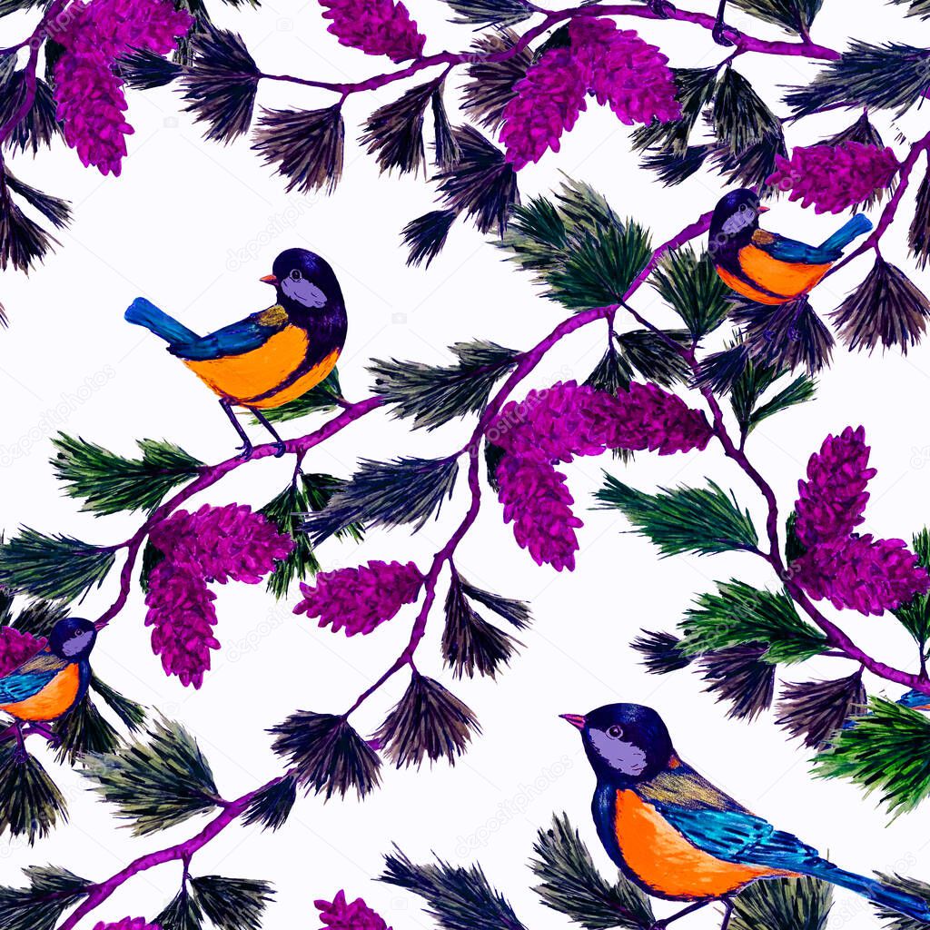 Decorative seamlees pattern with forest birds. Sitting tomtits. Colorful animal print for any purposes. Hand drawing.