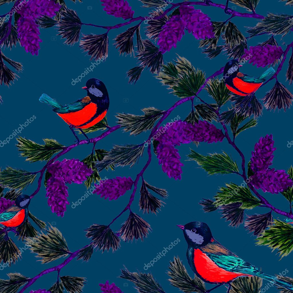 Decorative seamlees pattern with forest birds. Sitting tomtits. Colorful animal print for any purposes. Hand drawing.