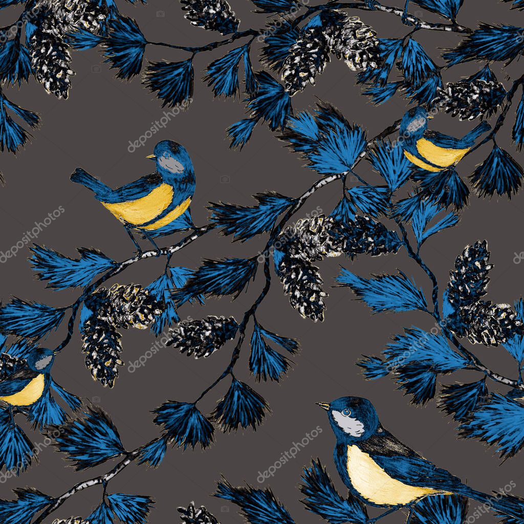 Decorative seamlees pattern with forest birds. Sitting tomtits. Bright golden animal print for any purposes. Hand drawing.