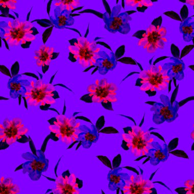 Suluboya desenli, elle çizilmiş çiçekler. Herhangi bir amaç için parlak bahar ya da yaz baskısı. Dekoratif çiçek deseni. Renkli doğa arkaplanı.  