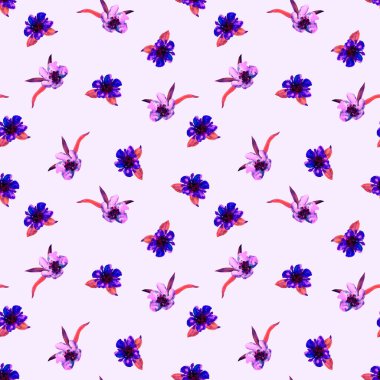 Suluboya desenli, elle çizilmiş çiçekler. Herhangi bir amaç için parlak bahar ya da yaz baskısı. Dekoratif çiçek deseni. Renkli doğa arkaplanı.  