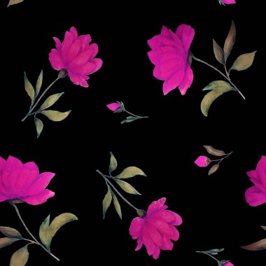 Siyah üzerine çiçek açan şakayık desenli sulu boya deseni. Dekoratif botanik şakayık çiçek izi. El çizimi çiçek çizimi.