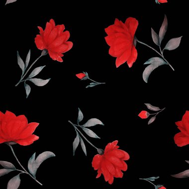 Siyah üzerine çiçek açan şakayık desenli sulu boya deseni. Dekoratif botanik şakayık çiçek izi. El çizimi çiçek çizimi.