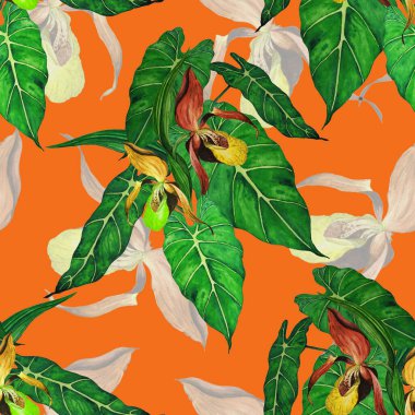 Çiçeksiz suluboya çiçek ve tropik orkide çiçekleri. Egzotik çiçek deseni. Renkli bahar ya da yaz doğa geçmişi. El çizimi.