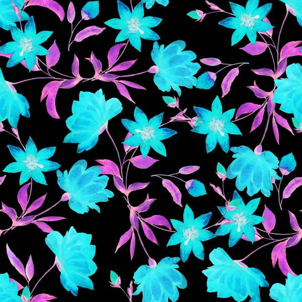 Watercolor Seamless Pattern Beautiful Blooming Peonies Black Decorative Botanic Peony — ストック写真