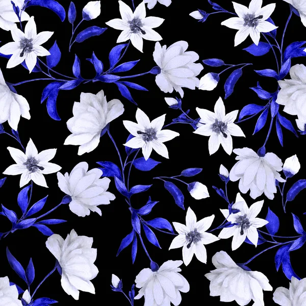 Akvarell Zökkenőmentes Minta Gyönyörű Virágzó Bazsarózsa Fekete Dekoratív Botanikus Bazsarózsa — Stock Fotó