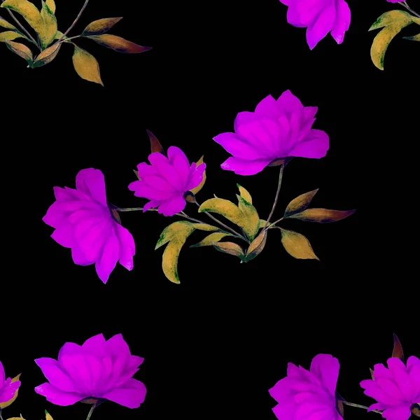 Akvarell Zökkenőmentes Minta Gyönyörű Virágzó Bazsarózsa Fekete Dekoratív Botanikus Bazsarózsa — Stock Fotó