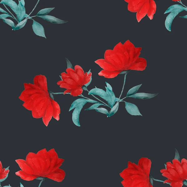 Akvarell Zökkenőmentes Minta Gyönyörű Virágzó Bazsarózsa Dekoratív Botanikus Bazsarózsa Virág — Stock Fotó