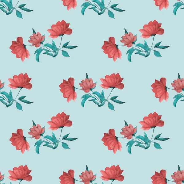 Watercolor Seamless Pattern Beautiful Blooming Peonies Decorative Botanic Peony Flower — 스톡 사진