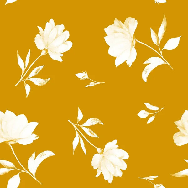 Akvarell Zökkenőmentes Minta Gyönyörű Virágzó Bazsarózsa Arany Botanikus Bazsarózsa Virág — Stock Fotó