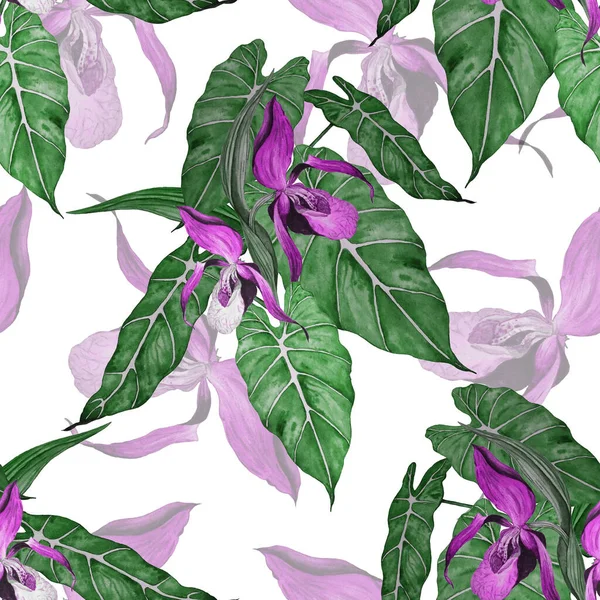 Акварель Цветочный Бесшовный Патерн Тропическими Цветами Орхидеи Экзотическая Цветочная Печать — стоковое фото