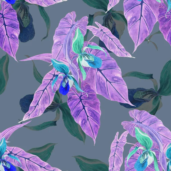 Watercolor Floral Seamless Patern Tropical Orchid Flowers Neon Floral Print — ストック写真