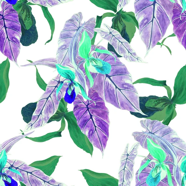 Watercolor Floral Seamless Patern Tropical Orchid Flowers Neon Floral Print — ストック写真