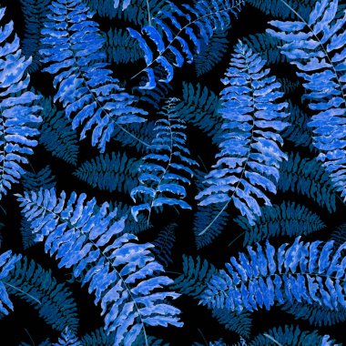 Siyah üzerinde suluboya tropikal yaprakları olan Hawaii çiçekli, dikişsiz bir baba. Eğrelti. Egzotik bahar ya da yaz doğa geçmişi. Herhangi bir tasarım için renkli doku.