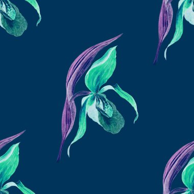 Çiçeksiz suluboya çiçek ve tropik orkide çiçekleri. Renkli çiçek deseni. Egzotik bahar ya da yaz doğa geçmişi.