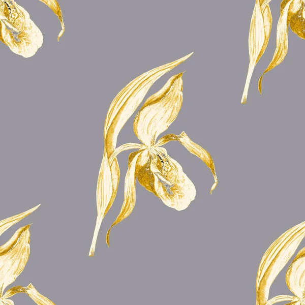 Akvarell Virág Zökkenőmentes Patern Trópusi Orchidea Virágok Arany Virágmintás Egzotikus — Stock Fotó