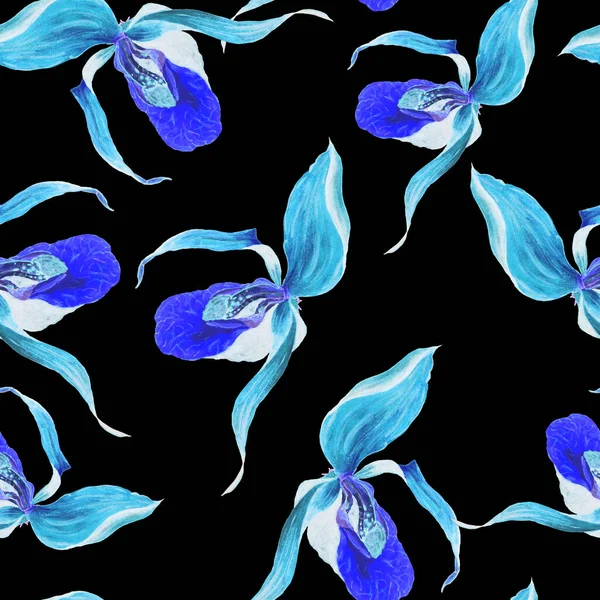 Υδατογραφία Floral Απρόσκοπτη Patern Τροπική Ορχιδέα Λουλούδια Μαύρο Εξωτικό Λουλουδάτο — Φωτογραφία Αρχείου