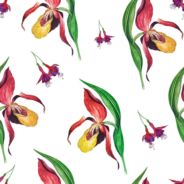 Akvarell Blommig Sömlös Patern Med Tropiska Orkidé Blommor Exotiskt Blomtryck — Stockfoto
