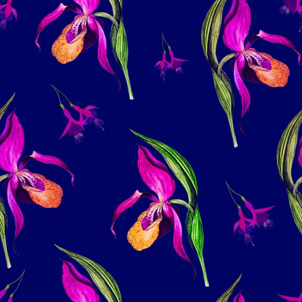 Цветочные Акварельные Бесшовные Патерны Тропическими Цветами Орхидей Красочная Цветочная Печать — стоковое фото