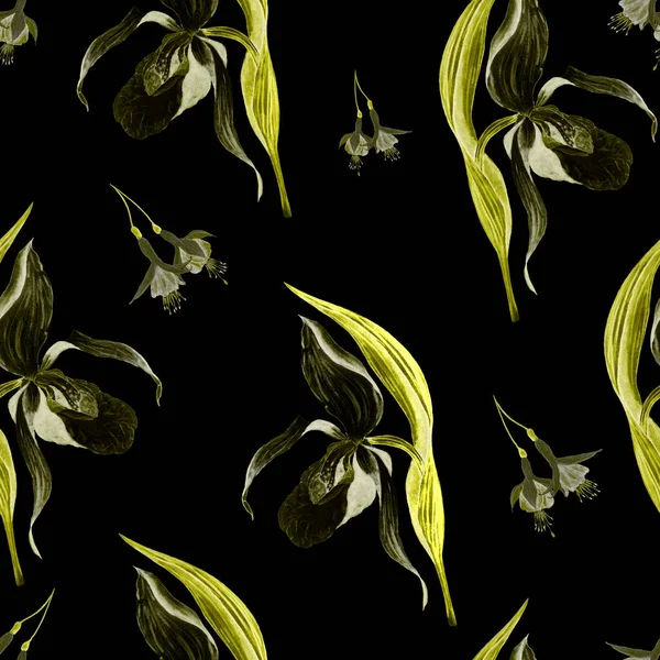 水彩花无缝家长与热带兰花在黑色 异国情调的花纹五彩缤纷的春夏背景 — 图库照片