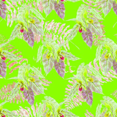 Hawaiian floral seamless patern with watercolor tropical leaves. Maranta. Fern. Exotic  spring or summer nature background. Colorful texture for any kind of a design.