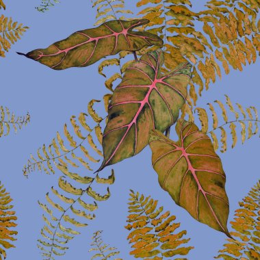 Hawaiian floral seamless patern with watercolor tropical leaves. Maranta. Fern. Exotic  spring or summer nature background. Colorful texture for any kind of a design.