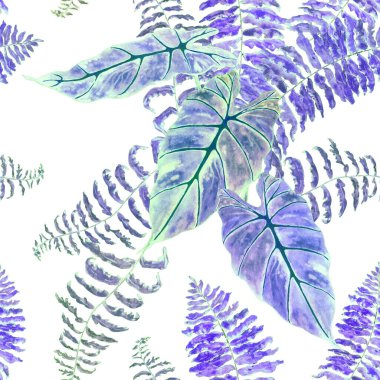 Hawaiian floral seamless patern with watercolor tropical leaves. Maranta. Fern. Exotic  spring or summer nature background. Colorful texture for any kind of a design.