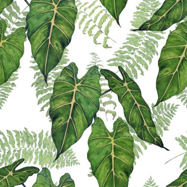 Hawaiian floral seamless patern with watercolor tropical leaves. Maranta. Fern. Exotic  spring or summer nature background. Colorful texture for any kind of a design.