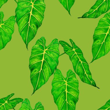Hawaiian floral seamless patern with watercolor tropical leaves. Maranta. Fern. Exotic  spring or summer nature background. Colorful texture for any kind of a design.