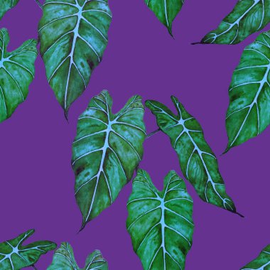 Hawaiian floral seamless patern with watercolor tropical leaves. Maranta. Fern. Exotic  spring or summer nature background. Colorful texture for any kind of a design.