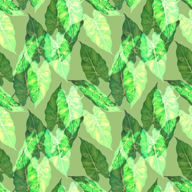 Hawaiian floral seamless patern with watercolor tropical leaves. Maranta. Fern. Exotic  spring or summer nature background. Colorful texture for any kind of a design.