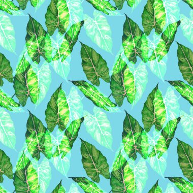 Hawaiian floral seamless patern with watercolor tropical leaves. Maranta. Fern. Exotic  spring or summer nature background. Colorful texture for any kind of a design.