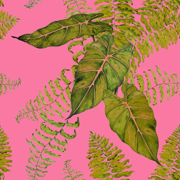 Hawaiian Floral Seamless Patern Watercolor Tropical Leaves Maranta Fern Exotic — ストック写真