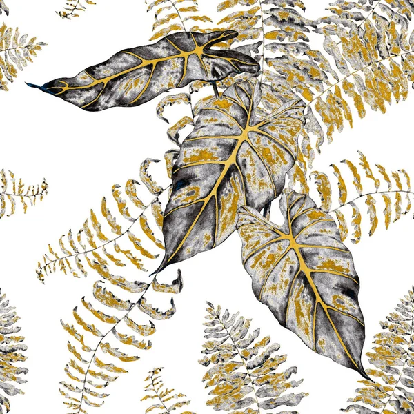 Hawaiian floral seamless patern with watercolor tropical leaves. Maranta. Fern. Exotic  spring or summer nature background. Goldenl texture for any kind of a design.