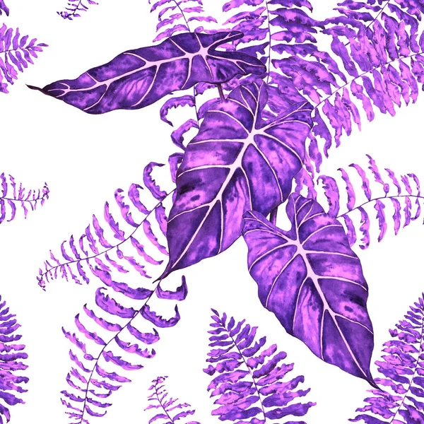 Hawaiian Blommig Sömlös Patern Med Akvarell Tropiska Blad Maranta Fern — Stockfoto